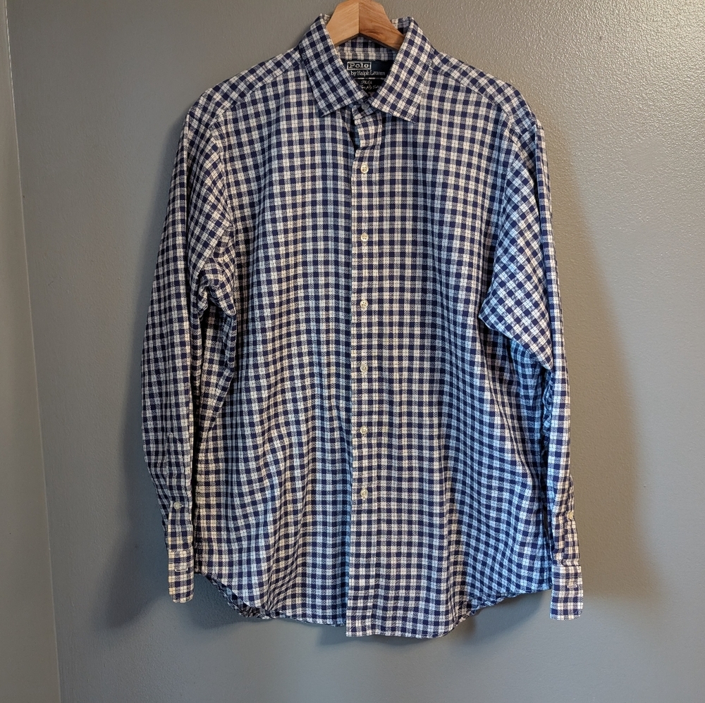 Polo Ralph Lauren Mens Classic Fit Blue Check Button Up Long Sleeve Shirt 16 34